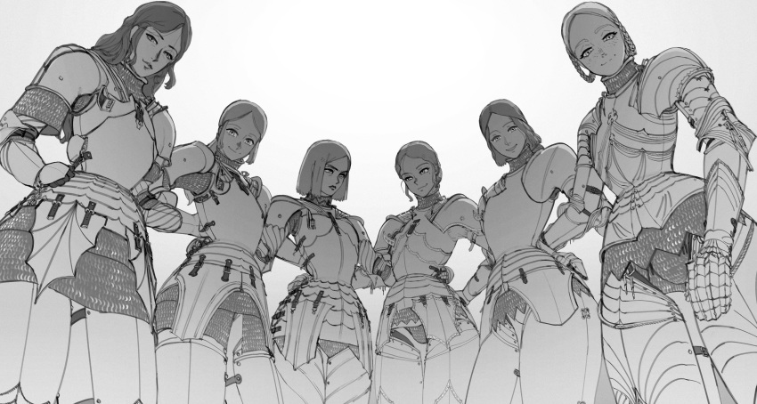 6+girls absurdres armor boobplate braid breastplate chainmail cuisses faulds gauntlets greyscale highres knight looking_down medieval monochrome multiple_girls original pauldrons plate_armor short_hair shoulder_armor simple_background smile twin_braids wassnonnam white_background