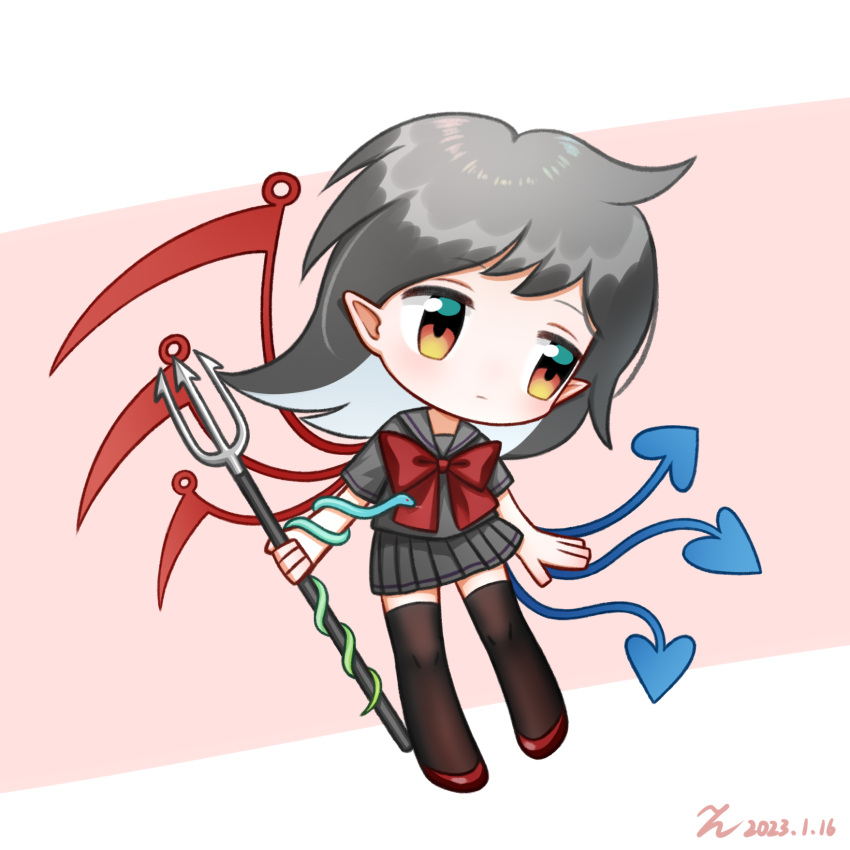 1girl alternate_costume alternate_eye_color asymmetrical_wings bangs black_thighhighs blue_wings blush bow bowtie brown_eyes chibi chinese_commentary closed_mouth commentary_request dated expressionless full_body grey_hair grey_serafuku grey_shirt grey_skirt highres holding holding_polearm holding_weapon houjuu_nue kiri_(maoxianjiu) looking_afar medium_hair pink_background pleated_skirt pointy_ears polearm red_bow red_bowtie red_footwear red_wings school_uniform serafuku shirt short_sleeves skirt snake solo thigh-highs touhou trident two-tone_background weapon white_background wings
