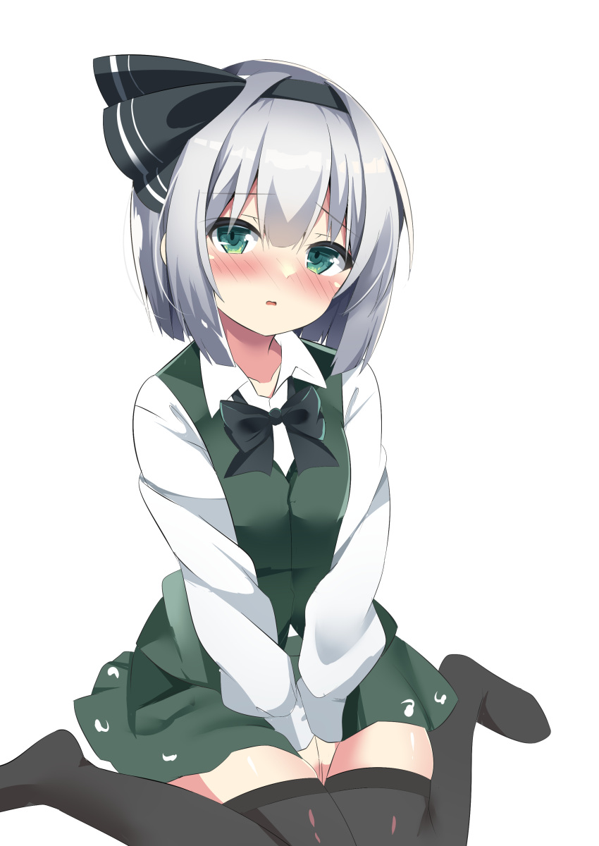 1girl 9150namihana absurdres bangs between_legs black_bow black_bowtie black_hairband black_ribbon black_thighhighs blush bow bowtie breasts collared_shirt commentary_request full_body green_eyes green_skirt green_vest grey_hair hair_ribbon hairband hand_between_legs highres hitodama_print konpaku_youmu long_sleeves looking_at_viewer no_shoes nose_blush open_mouth ribbon shirt short_hair simple_background sitting skirt skirt_set small_breasts solo thigh-highs touhou vest wariza white_background white_shirt