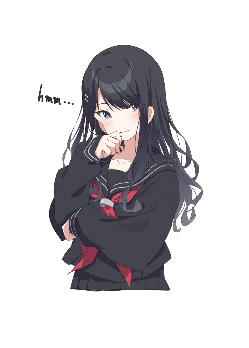 1girl absurdres black_hair black_skirt blush closed_mouth cropped_torso eito12 english_text grey_eyes hair_ornament hairclip hand_up highres idolmaster idolmaster_shiny_colors kazano_hiori long_hair long_sleeves looking_at_viewer mole mole_under_mouth neckerchief red_neckerchief sailor_collar school_uniform sidelocks simple_background skirt sleeves_past_wrists solo upper_body white_background
