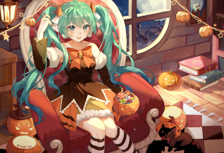 1girl :d absurdres aqua_eyes aqua_hair armchair artist_name bare_shoulders black_dress black_sleeves black_socks blush book book_stack bow bowtie candy cat chair chinese_commentary commentary_request detached_sleeves dress feet_out_of_frame food hair_between_eyes hair_ornament halloween_bucket hand_up hat hatsune_miku highres house indoors jack-o'-lantern kneehighs lantern lollipop long_hair looking_at_viewer moon off-shoulder_dress off_shoulder on_chair open_mouth orange_bow orange_bowtie orange_dress sitting smile socks solo striped striped_socks teeth twintails two-tone_dress upper_teeth_only very_long_hair vocaloid white_socks window witch_hat xuanli