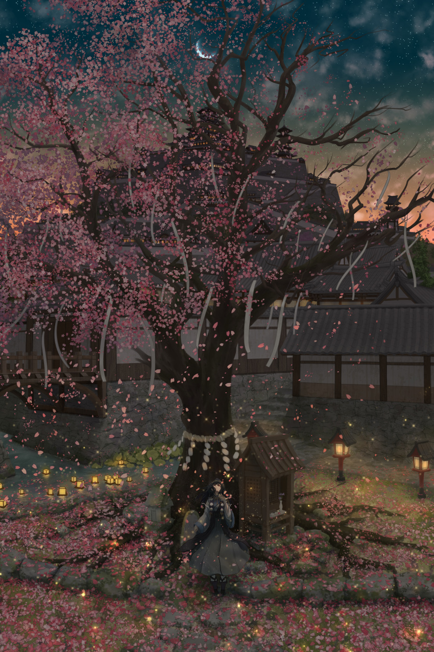 1girl absurdres architecture bangs black_footwear black_hair blue_headwear bridge castle cherry_blossoms clouds commentary_request crescent_moon east_asian_architecture falling_petals fasnakegod fireflies full_body geta grey_kimono hair_between_eyes hand_up hat highres iizunamaru_megumu japanese_clothes kimono lantern long_hair long_sleeves looking_up moon outdoors paper_lantern petals pom_pom_(clothes) red_eyes rock rope sandals scenery shide shimenawa shrine sky solo standing star_(sky) starry_sky stone_wall sunset tengu-geta tokin_hat touhou tree wall