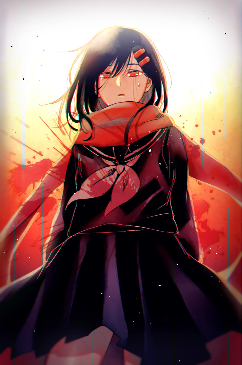 1girl 9711sa ambiguous_red_liquid arms_at_sides black_hair black_sailor_collar black_serafuku black_skirt blurry commentary enpera glaring hair_between_eyes hair_ornament hairclip highres kagerou_project long_scarf long_sleeves looking_at_viewer mekakucity_actors multicolored_background neckerchief parted_lips pleated_skirt red_eyes red_scarf sailor_collar scarf school_uniform serafuku skirt solo splatter splatter_background stained_clothes tateyama_ayano tears vignetting white_background yellow_background