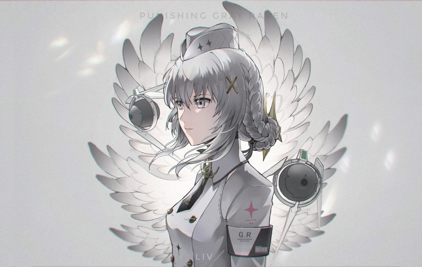 1girl barcode black_necktie breasts buttons character_name closed_mouth collared_dress copyright_name dkav5573 dress drone floating floating_object garrison_cap grey_background grey_dress grey_eyes grey_hair grey_headwear hair_ornament hat highres liv_(punishing:_gray_raven) long_hair long_sleeves necktie non-humanoid_robot punishing:_gray_raven robot science_fiction sidelocks small_breasts wings x_hair_ornament