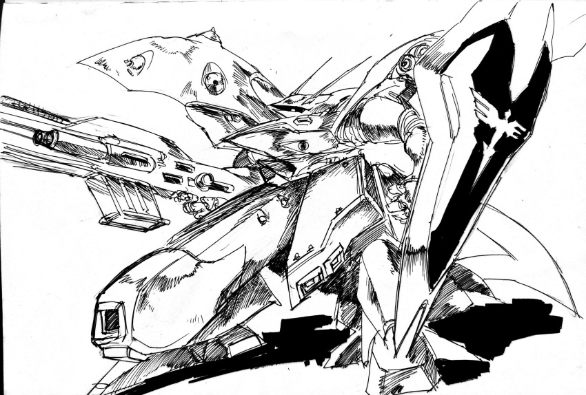 arm_shield char's_counterattack char's_counterattack_-_beltorchika's_children clenched_hand commentary commission english_commentary gun gundam highres holding holding_gun holding_weapon ink_(medium) looking_at_viewer mecha nightingale_(gundam) no_humans one-eyed pillar_buster robot science_fiction shadow solo traditional_media weapon
