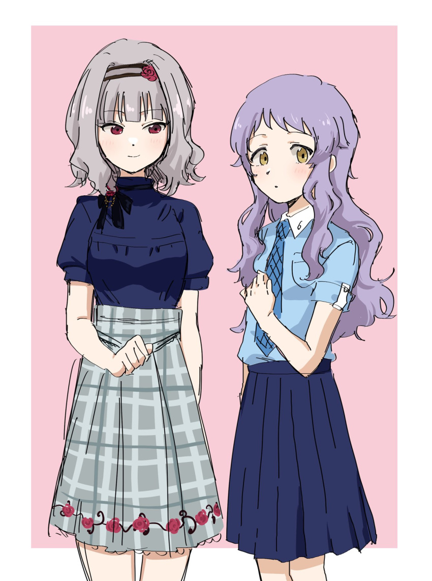 2girls alternate_hair_length alternate_hairstyle bangs blue_necktie blue_shirt blue_skirt border breasts checkered_clothes checkered_skirt commentary dot_nose expressionless flat_chest floral_print grey_hair grey_skirt hairband hand_on_own_chest hand_up highres idolmaster idolmaster_million_live! iori_(mu_tairiku_iori) light_blush long_hair looking_at_another looking_at_viewer makabe_mizuki medium_breasts multiple_girls necktie parted_lips pink_background pleated_skirt purple_hair red_eyes shijou_takane shirt short_hair short_sleeves sidelocks skirt smile wavy_hair white_border wing_collar yellow_eyes