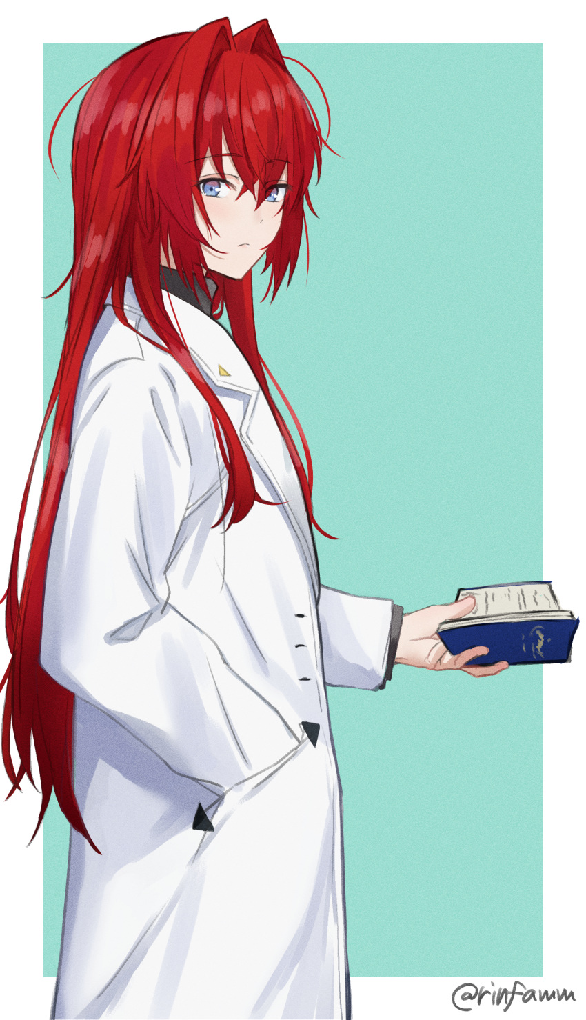 1girl absurdres ange_katrina blue_eyes book closed_mouth commentary_request hair_between_eyes hair_intakes hand_in_pocket highres holding holding_book labcoat long_hair nijisanji open_book redhead rinfamm simple_background solo twitter_username virtual_youtuber