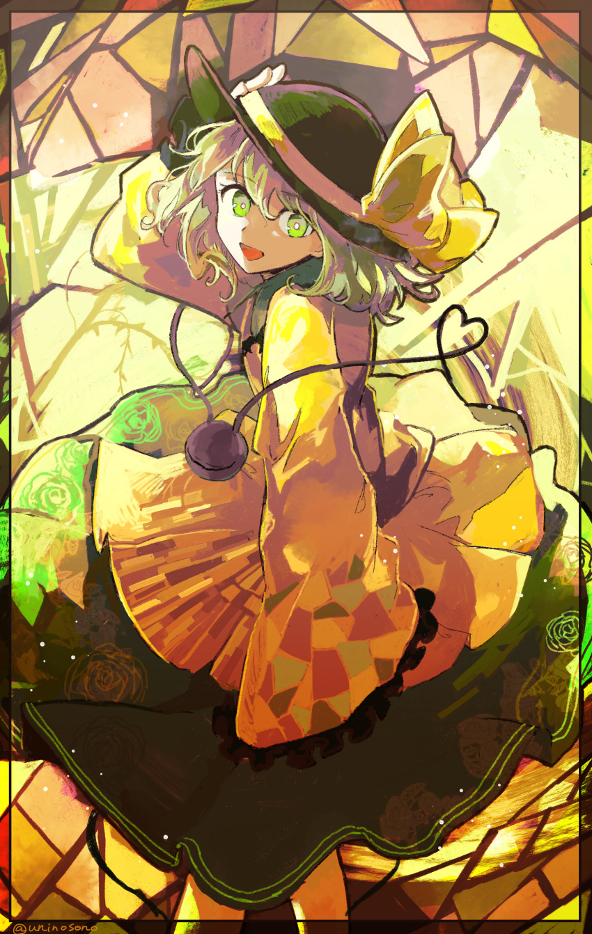 1girl :d absurdres bangs black_headwear blouse bow bright_pupils commentary_request feet_out_of_frame flat_chest floral_print frilled_sleeves frills from_side green_eyes green_hair green_skirt hair_between_eyes hand_on_headwear hat hat_bow heart heart_of_string highres komeiji_koishi long_sleeves looking_at_viewer looking_to_the_side medium_hair open_mouth print_skirt rose_print shirt skirt sleeves_past_fingers sleeves_past_wrists smile solo stained_glass third_eye thorns touhou twitter_username uninosono white_pupils wide_sleeves yellow_background yellow_bow yellow_shirt