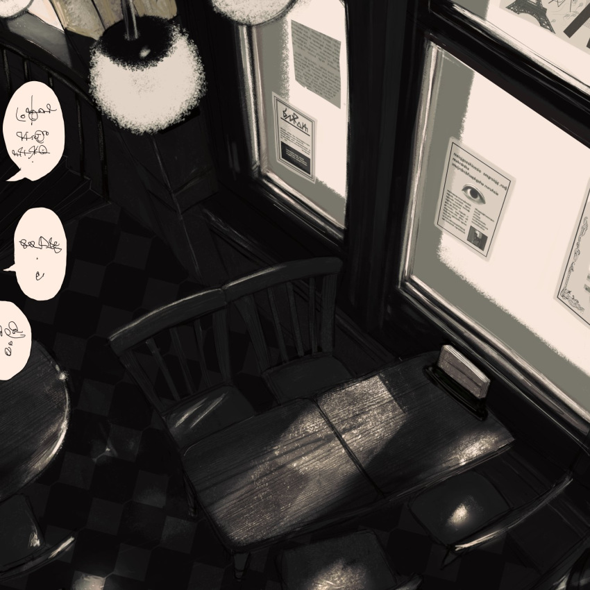 chair fake_text greyscale highres indoors monochrome narue no_humans original scenery table