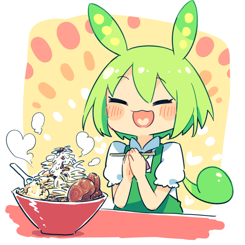 1girl :3 ayakashi_(monkeypanch) bangs blush bowl chopsticks closed_eyes collared_shirt food green_hair green_suspenders hair_between_eyes heart heart_in_mouth highres holding holding_chopsticks noodles open_mouth own_hands_together ramen shirt short_sleeves smile solo spoon suspenders voicevox white_shirt zundamon