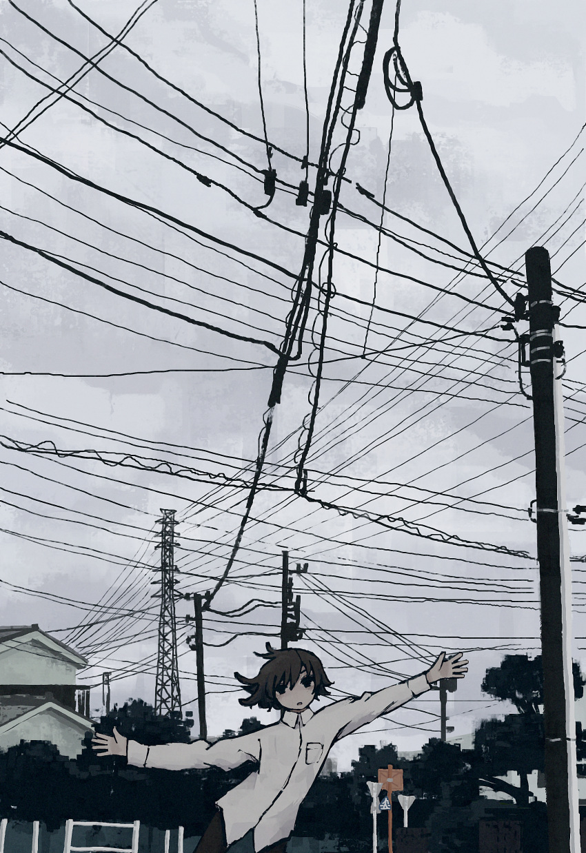 1girl absurdres bangs black_hair building clouds cloudy_sky highres long_sleeves original outdoors outstretched_arms power_lines scenery shirt short_hair sign sky solo transmission_tower tree uniunimikan utility_pole white_shirt