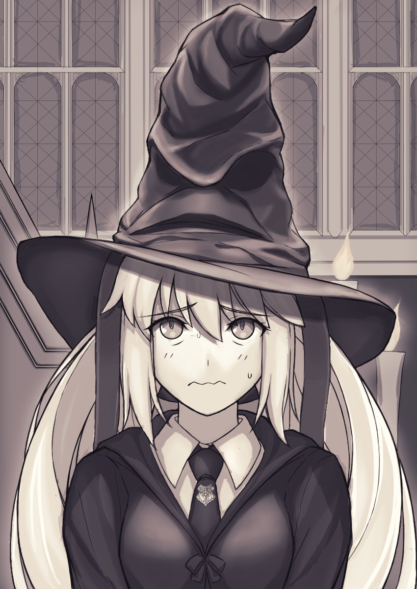 1girl absurdres artoria_caster_(fate) artoria_pendragon_(fate) bangs breasts candle closed_mouth collar commentary_request fate/grand_order fate_(series) greyscale hair_between_eyes hair_ribbon harry_potter_(series) hat highres hisato_nago hogwarts_school_uniform long_sleeves looking_up medium_breasts monochrome necktie ornament ribbon school_uniform simple_background solo sorting_hat twintails window witch_hat