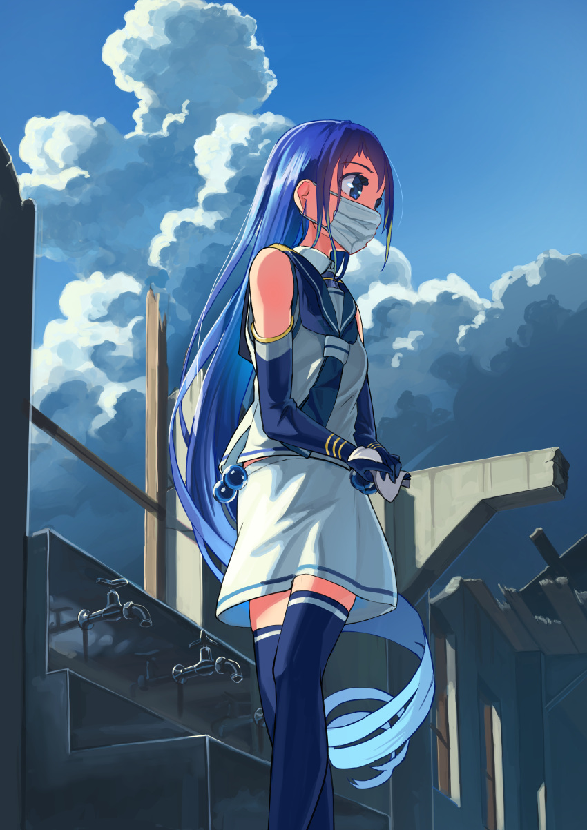 1girl absurdres blue_eyes blue_hair blue_neckerchief blue_sailor_collar blue_thighhighs clouds cloudy_sky commentary_request commission day elbow_gloves faucet feet_out_of_frame gloves highres kantai_collection long_hair mask mouth_mask neckerchief outdoors pixiv_commission sailor_collar samidare_(kancolle) school_uniform serafuku skirt sky sleeveless solo thigh-highs utachy very_long_hair white_gloves white_skirt
