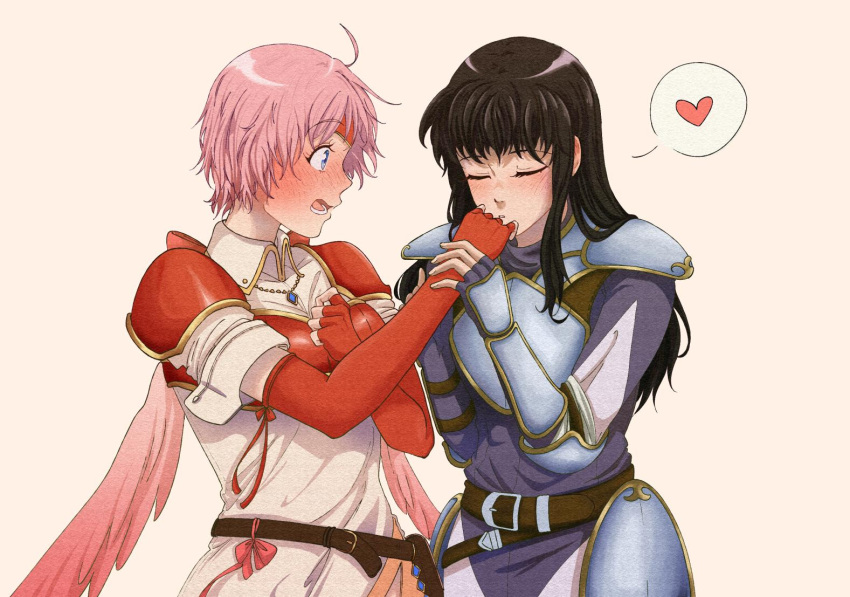 2girls armor astrid_(fire_emblem) black_hair blue_eyes blush closed_eyes cowlick dreamsyndd fingerless_gloves fire_emblem fire_emblem:_path_of_radiance fire_emblem:_radiant_dawn full-face_blush gloves hand_on_own_chest heart jewelry kiss long_hair marcia_(fire_emblem) multiple_girls necklace open_mouth pink_hair short_hair simple_background spoken_heart yuri