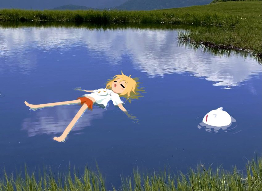 1girl afloat barefoot blonde_hair blue_sky closed_eyes clouds creature facing_up floating_hair grass light_blush midriff navel null-meta odayaka open_mouth orange_shorts outdoors outstretched_arms photo_background pond reflection reflective_water refraction ripples shirt short_hair short_sleeves shorts sky smile solo spread_arms swimming t-shirt uozumi_kurumi white_shirt