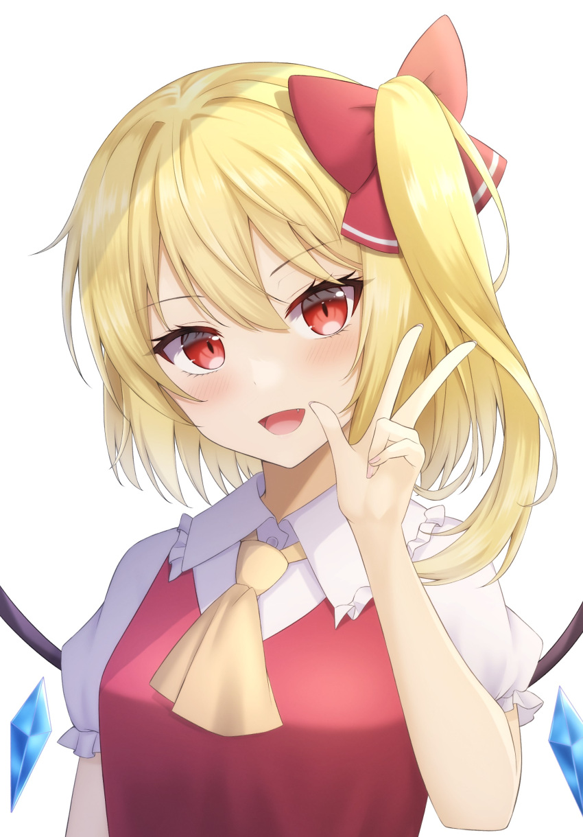 &gt;:) 1girl absurdres bangs bat_wings blonde_hair blush bow breasts collar commentary crystal dress eyelashes fang flandre_scarlet frilled_collar frills hair_between_eyes hair_bow hand_up head_tilt highres looking_at_viewer medium_hair neckerchief open_mouth puffy_short_sleeves puffy_sleeves red_bow red_dress red_eyes shirt short_sleeves side_ponytail sidelocks simple_background smile solo szl touhou v v-shaped_eyebrows white_background white_collar white_shirt wings yellow_neckerchief