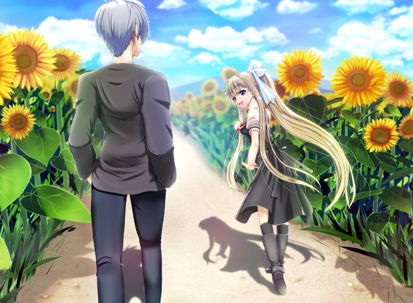 1boy 1girl air_(visual_novel) bangs black_dress black_pants black_shirt blonde_hair blue_eyes blue_sky breasts clouds cloudy_sky commentary_request dress field flower flower_field from_behind grey_hair hands_in_pockets kamio_misuzu kunisaki_yukito long_hair long_sleeves looking_at_another open_mouth outdoors pants ponytail shadow shirt short_hair short_sleeves sidelocks sky standing sunflower teeth upper_teeth_only very_long_hair white_shirt yuzuki_karin