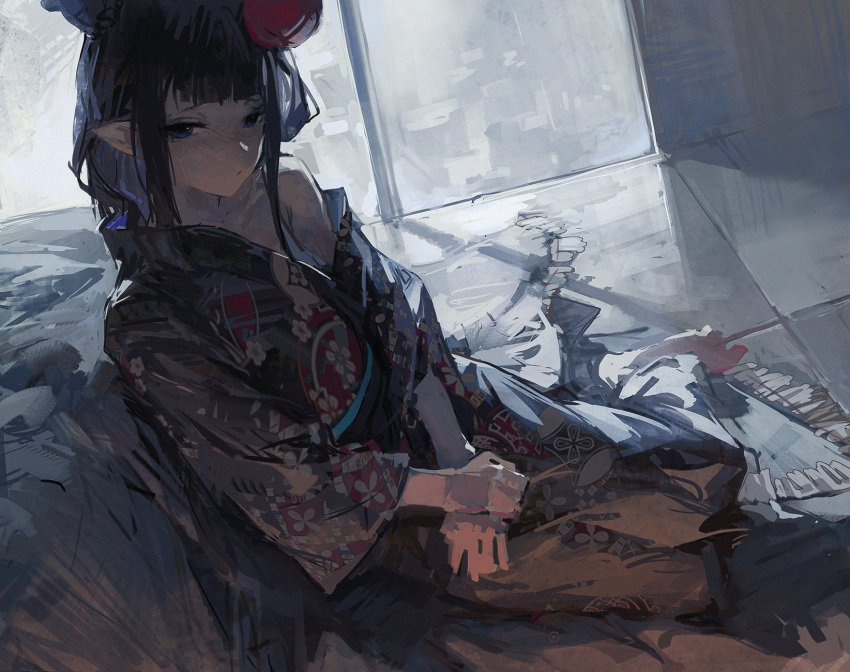 1girl barefoot collarbone commentary dino_(dinoartforame) dutch_angle highres hololive hololive_english indoors japanese_clothes kimono long_hair ninomae_ina'nis obi off_shoulder pointy_ears purple_hair sash sidelocks sitting solo symbol-only_commentary tatami violet_eyes virtual_youtuber