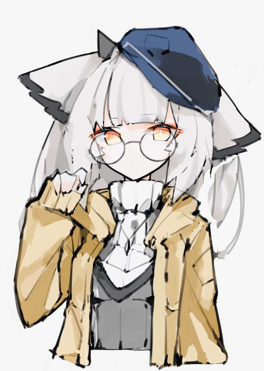 1girl alternate_costume arknights coat commentary_request error1980 hand_up high_collar highres long_hair looking_at_viewer low-cut open_clothes open_coat orange_eyes ptilopsis_(arknights) round_eyewear simple_background sleeves_past_wrists solo sweater white_background white_hair white_sweater