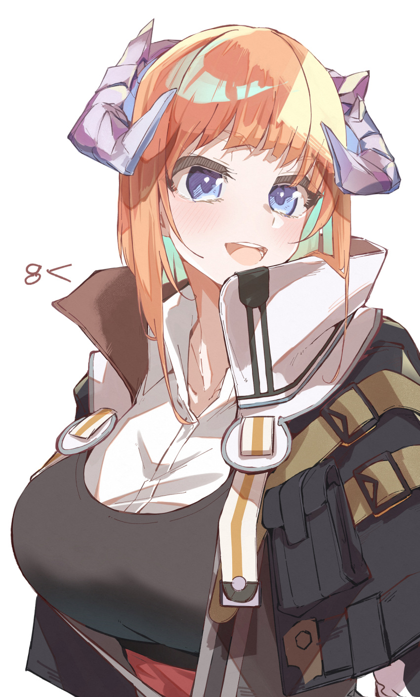 1girl :d arknights bad_id bad_twitter_id bagpipe_(arknights) blue_eyes blush breasts colored_inner_hair e_sky_rugo green_hair highres horns jacket large_breasts long_hair looking_at_viewer multicolored_hair open_clothes open_jacket orange_hair pouch shirt simple_background smile solo upper_body white_background white_shirt