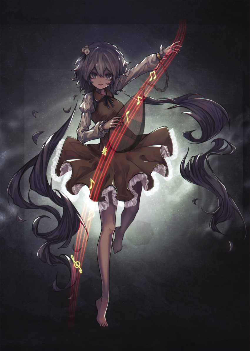 1girl bangs barefoot beamed_eighth_notes beamed_sixteenth_notes biwa_lute brown_dress chain commentary_request dress eighth_note flower frilled_dress frilled_sleeves frills full_body hair_between_eyes hair_flower hair_ornament highres instrument joker_(stjoker) long_hair long_sleeves looking_at_viewer lute_(instrument) musical_note open_mouth purple_hair quarter_note quarter_rest sixteenth_note smile solo touhou treble_clef tsukumo_benben violet_eyes white_flower