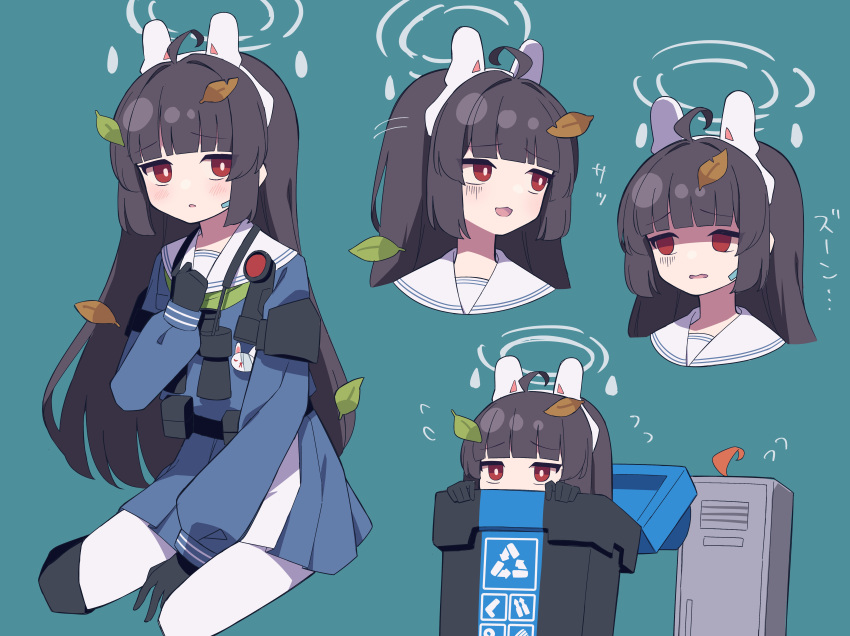 1girl absurdres animal_ear_headphones animal_ears bangs binoculars black_hair blue_archive blue_background blush commentary_request depressed fake_animal_ears gloves halo headphones highres hime_cut leaf locker long_hair looking_at_viewer miyu_(blue_archive) open_mouth red_eyes school_uniform simple_background solo trash_can uhouhogorigori yuzu_(blue_archive)