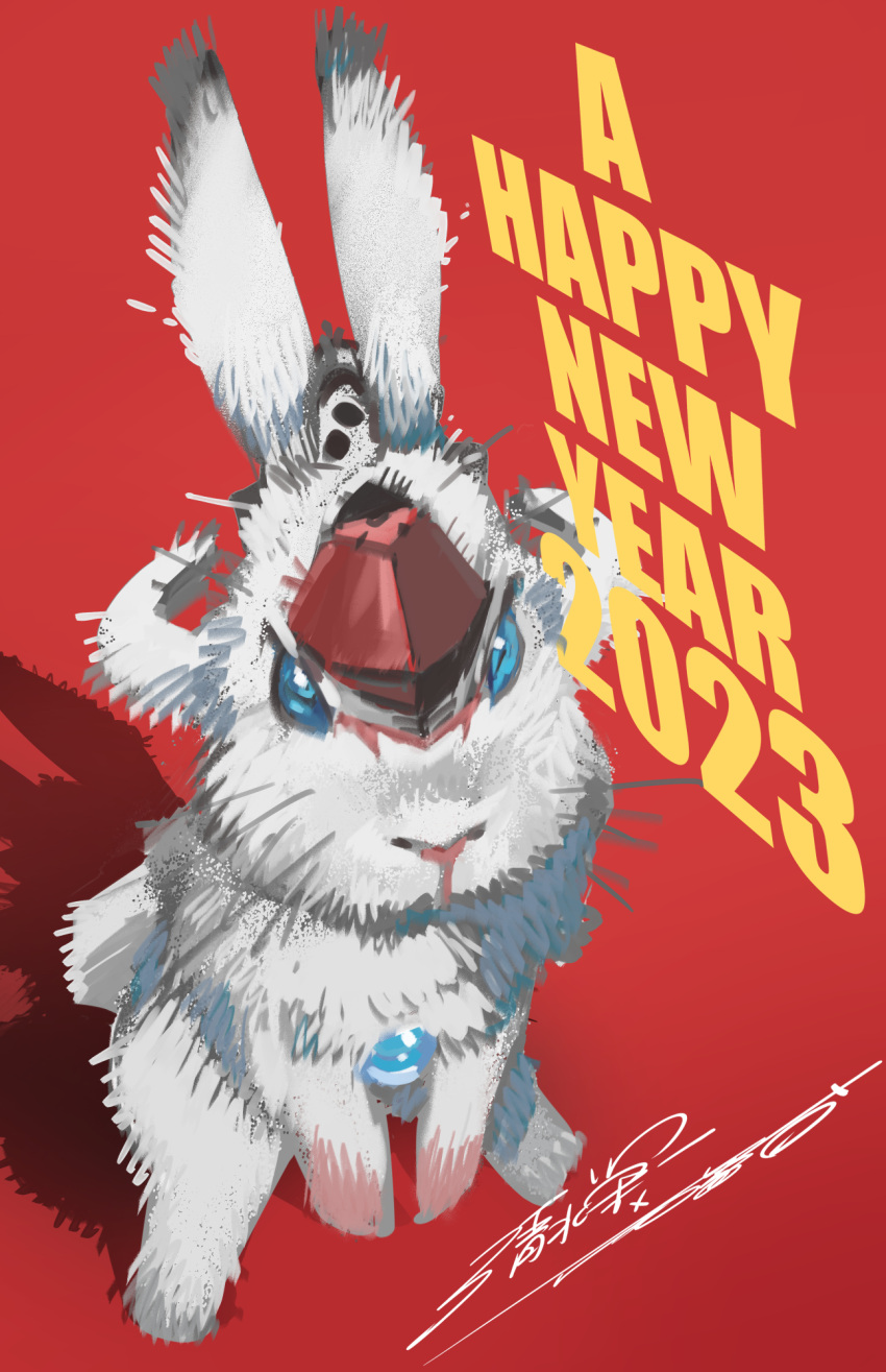 2023 animal_focus animalization blue_eyes chinese_zodiac english_text happy_new_year highres kurogane_no_linebarrel linebarrel no_humans rabbit red_background shimizu_eiichi shimoguchi_tomohiro signature year_of_the_rabbit