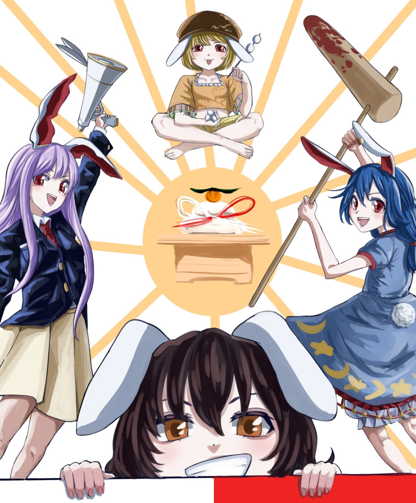 4girls :d alinoce716 ambiguous_red_liquid animal_ears bangs barefoot black_jacket bloomers blue_dress blue_hair blush brown_eyes brown_hair brown_headwear cabbie_hat chinese_zodiac collared_shirt commentary_request crescent crop_top crossed_legs dango dress feet_out_of_frame floppy_ears food full_body grin hair_between_eyes hat highres inaba_tewi jacket kagami_mochi kine long_hair looking_at_viewer mallet multiple_girls necktie open_mouth orange_shirt purple_hair rabbit_ears rabbit_girl red_eyes red_necktie reisen_udongein_inaba ringo_(touhou) seiran_(touhou) shirt short_hair short_sleeves shorts skirt smile star_(symbol) sunburst sunburst_background touhou underwear wagashi white_bloomers white_shirt year_of_the_rabbit yellow_shorts yellow_skirt