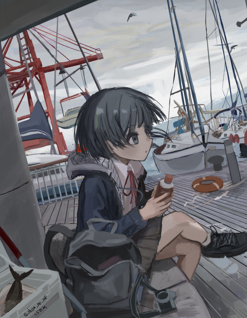 1girl absurdres backpack bag bangs bird black_footwear black_hair boat bottle bow bowtie commentary_request crane_(machine) crossed_legs dock dot_mouth fish grey_eyes grey_skirt harbor highres holding holding_bottle hood hood_down hoodie lifebuoy long_sleeves looking_ahead mikun109323 original outdoors overcast profile red_bow red_bowtie shirt shoes short_hair sitting skirt sneakers solo twitter_username watercraft white_shirt