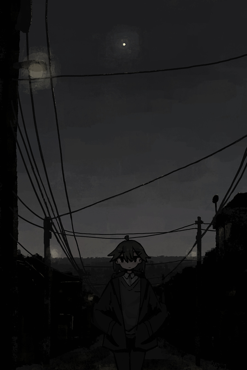 1girl absurdres bangs closed_mouth dark hair_ornament hairclip hands_in_pockets highres jacket long_sleeves looking_at_viewer night night_sky open_clothes open_jacket original outdoors power_lines shirt short_hair sky solo star_(sky) sweater_vest uniunimikan utility_pole