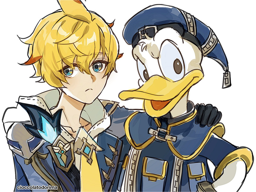 2boys :&lt; ahoge arm_around_shoulder bangs bird black_gloves blonde_hair blue_capelet blue_eyes blue_headwear blue_jacket capelet cioccolatodorima commentary crossover donald_duck duck english_commentary genshin_impact gloves hair_between_eyes hand_on_another's_shoulder hat highres hood hood_down jacket kingdom_hearts looking_at_viewer male_focus mika_(genshin_impact) multiple_boys necktie pocket shirt short_hair simple_background smile white_background white_shirt yellow_necktie zipper