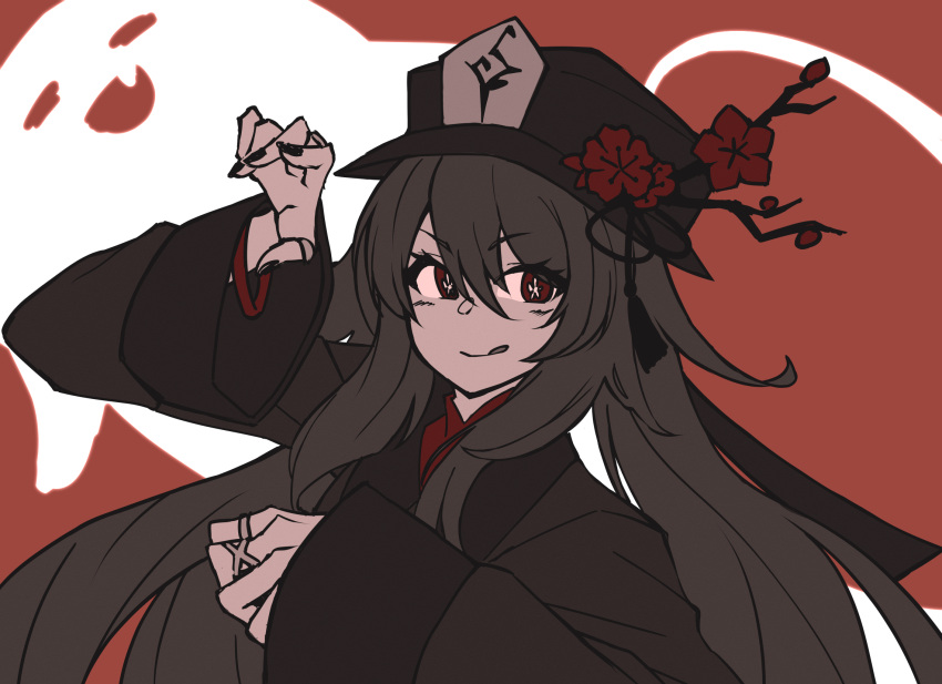 1girl :q bangs black_headwear black_nails boo_tao_(genshin_impact) commentary flower genshin_impact ghost hair_between_eyes hat hat_flower highres hu_tao_(genshin_impact) jewelry long_hair long_sleeves looking_at_viewer mikaku_(vbvpahw9) multiple_rings nail_polish red_background red_eyes ring sidelocks simple_background symbol-shaped_pupils tongue tongue_out twintails very_long_hair