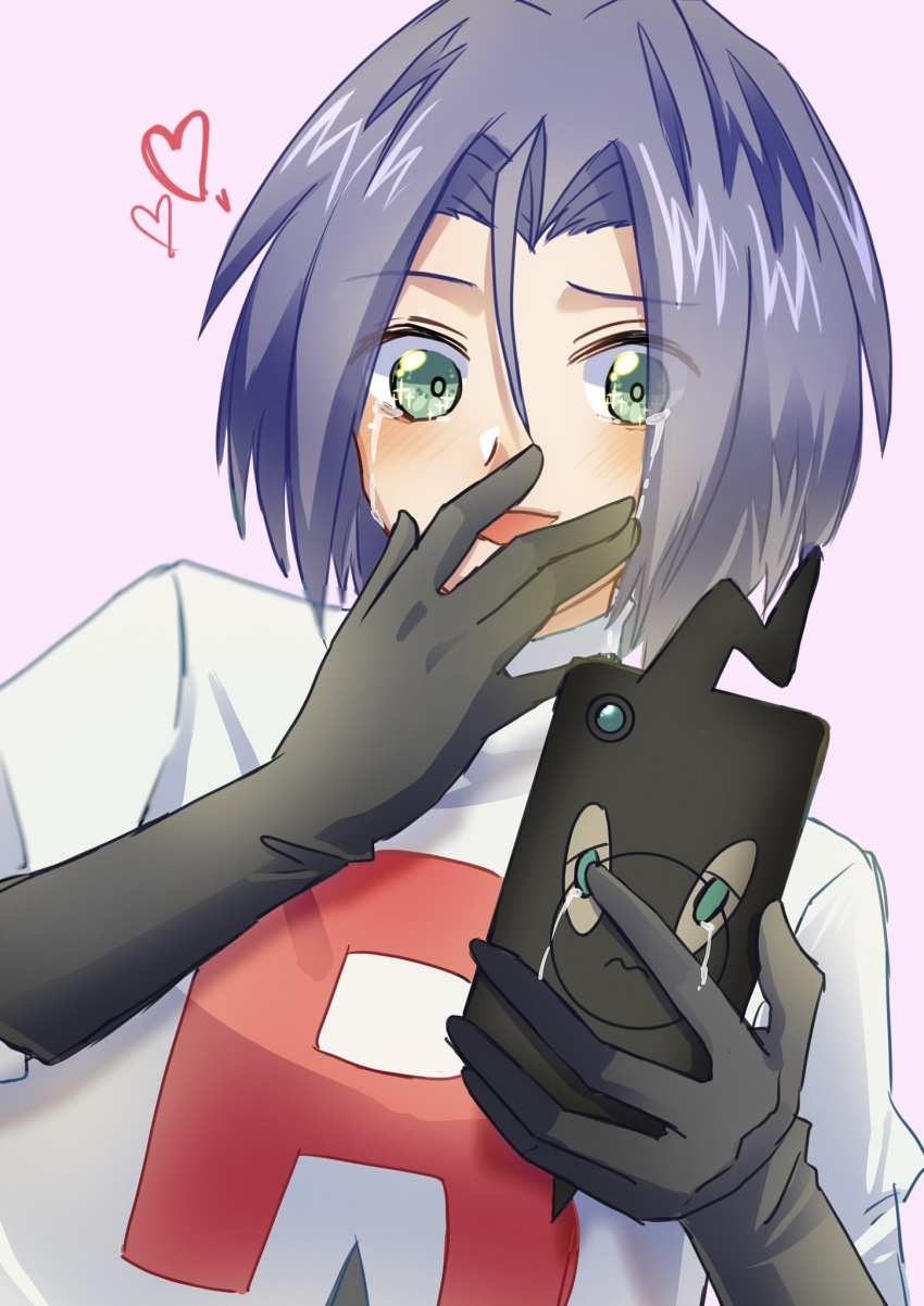 1boy blush commentary_request crying gloves green_eyes heart highres james_(pokemon) male_focus pink_background pokemon pokemon_(anime) pokemon_journeys purple_hair rotom rotom_phone sparkling_eyes streaming_tears sufaaa0427 team_rocket tears