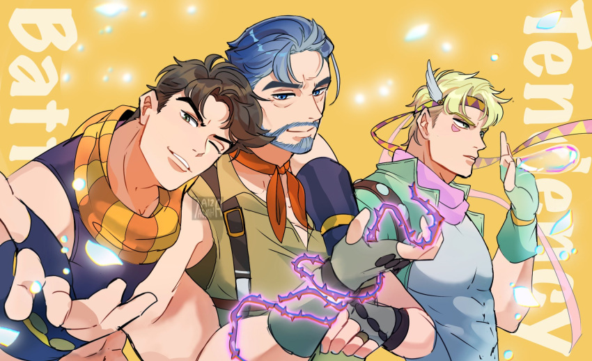 3boys 7aizagatha aged_up alternate_universe battle_tendency beard blonde_hair blue_eyes blue_hair brown_hair bubble caesar_anthonio_zeppeli closed_mouth copyright_name crop_top facial_hair facial_mark feather_hair_ornament feathers fingerless_gloves gloves grandfather_and_grandson green_eyes hair_ornament headband hermit_purple highres jojo_no_kimyou_na_bouken jonathan_joestar joseph_joestar joseph_joestar_(young) looking_at_viewer male_focus midriff multiple_boys one_eye_closed parted_lips scarf short_hair smile stand_(jojo) striped striped_scarf triangle_print