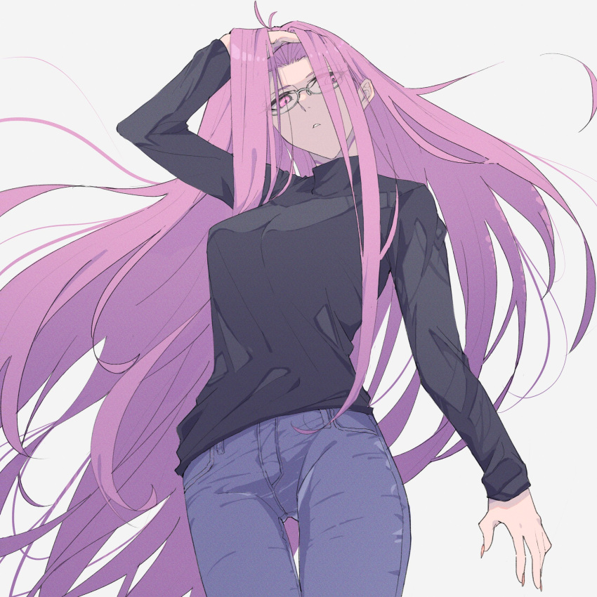 1girl anianiani0607 arm_at_side arm_up ass_visible_through_thighs black_sweater blue_pants breasts casual denim fate/stay_night fate_(series) floating_hair forehead glasses hand_in_own_hair hand_on_own_head highres jeans long_hair long_sleeves looking_at_viewer medium_breasts medusa_(fate) medusa_(rider)_(fate) pants parted_lips purple_hair solo sweater thigh_gap upper_body very_long_hair violet_eyes