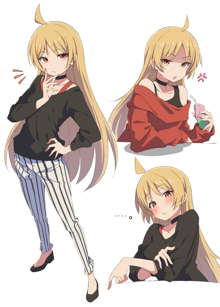 1girl absurdres angry bare_shoulders black_choker black_shirt blonde_hair blush bocchi_the_rock! choker closed_mouth eito12 hand_on_own_face high_heels highres ijichi_seika juice_box long_hair long_sleeves multiple_views open_mouth pants red_eyes red_shirt shirt simple_background striped striped_pants vertical-striped_pants vertical_stripes white_background