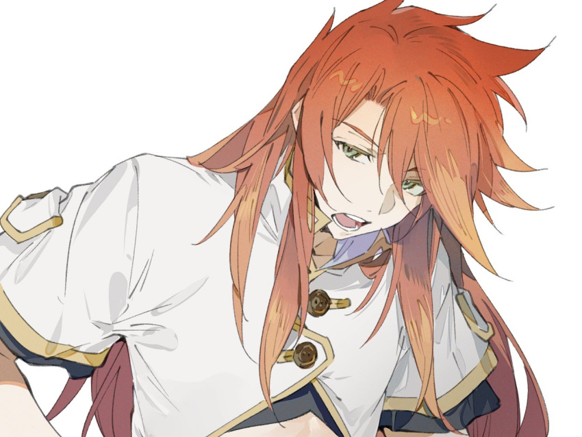 1boy black_shirt buttons cropped_jacket cropped_shirt green_eyes high_collar jacket long_hair looking_at_viewer luke_fon_fabre male_focus multicolored_hair open_mouth orange_hair redhead shirt short_sleeves sidelocks solo tales_of_(series) tales_of_the_abyss two-tone_hair upper_body white_background white_jacket xing_20