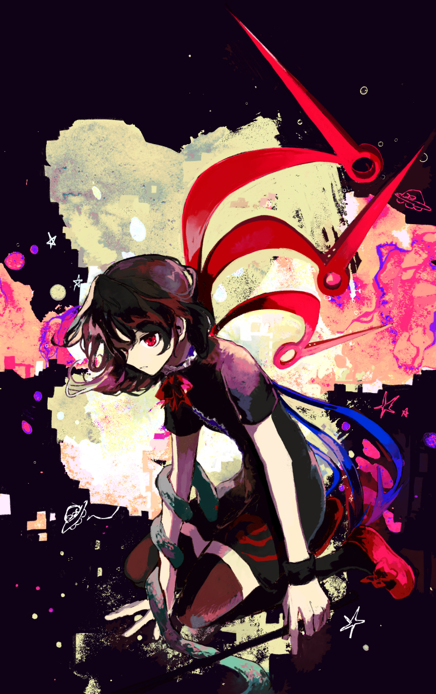 1girl abstract_background absurdres alternate_ears asymmetrical_wings bangs black_dress black_hair black_thighhighs blue_wings bow bowtie center_frills commentary_request dress expressionless flat_chest flying_saucer footwear_bow frills full_body hand_on_ground highres holding houjuu_nue looking_at_viewer parted_lips red_bow red_bowtie red_eyes red_footwear red_wings redhead seiza shoes short_dress short_hair short_sleeves sitting snake solo spacecraft star_(symbol) thigh-highs tomoe_(symbol) touhou ufo uninosono wings wristband zettai_ryouiki