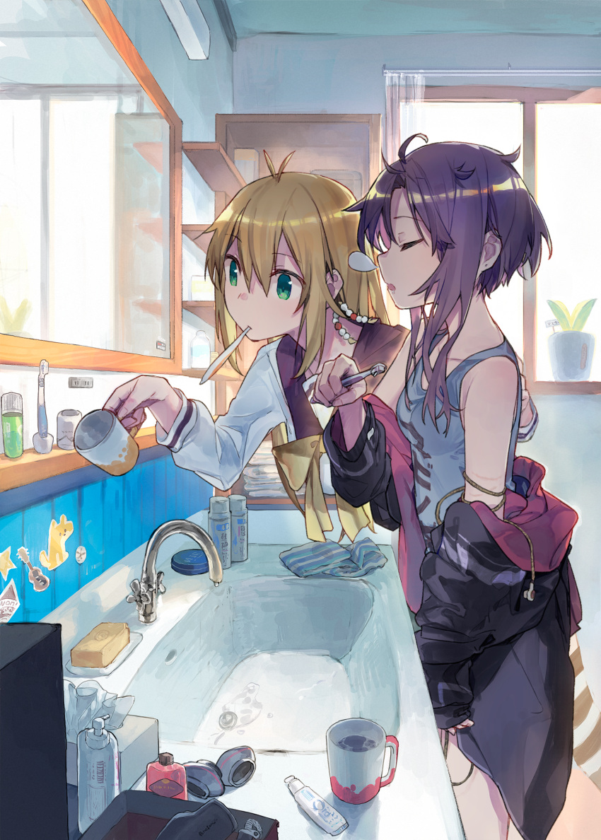 2girls antenna_hair bangs bathroom black_jacket black_sailor_collar blonde_hair bow bowtie breasts closed_eyes collarbone commentary_request cup drooling earphones earphones feet_out_of_frame green_eyes hair_between_eyes highres hitogome holding holding_cup holding_toothbrush jacket jacket_partially_removed large_breasts long_hair long_sleeves messy_hair mirror multicolored_clothes multicolored_jacket multiple_girls nose_bubble open_mouth pink_jacket plant potted_plant print_tank_top profile purple_hair sailor_collar school_uniform serafuku short_hair_with_long_locks sink sleeping sleeping_upright small_breasts soap standing tank_top toothbrush toothbrush_in_mouth tsurumaki_maki two-tone_jacket vocaloid voiceroid white_serafuku white_tank_top window yellow_bow yellow_bowtie yuzuki_yukari