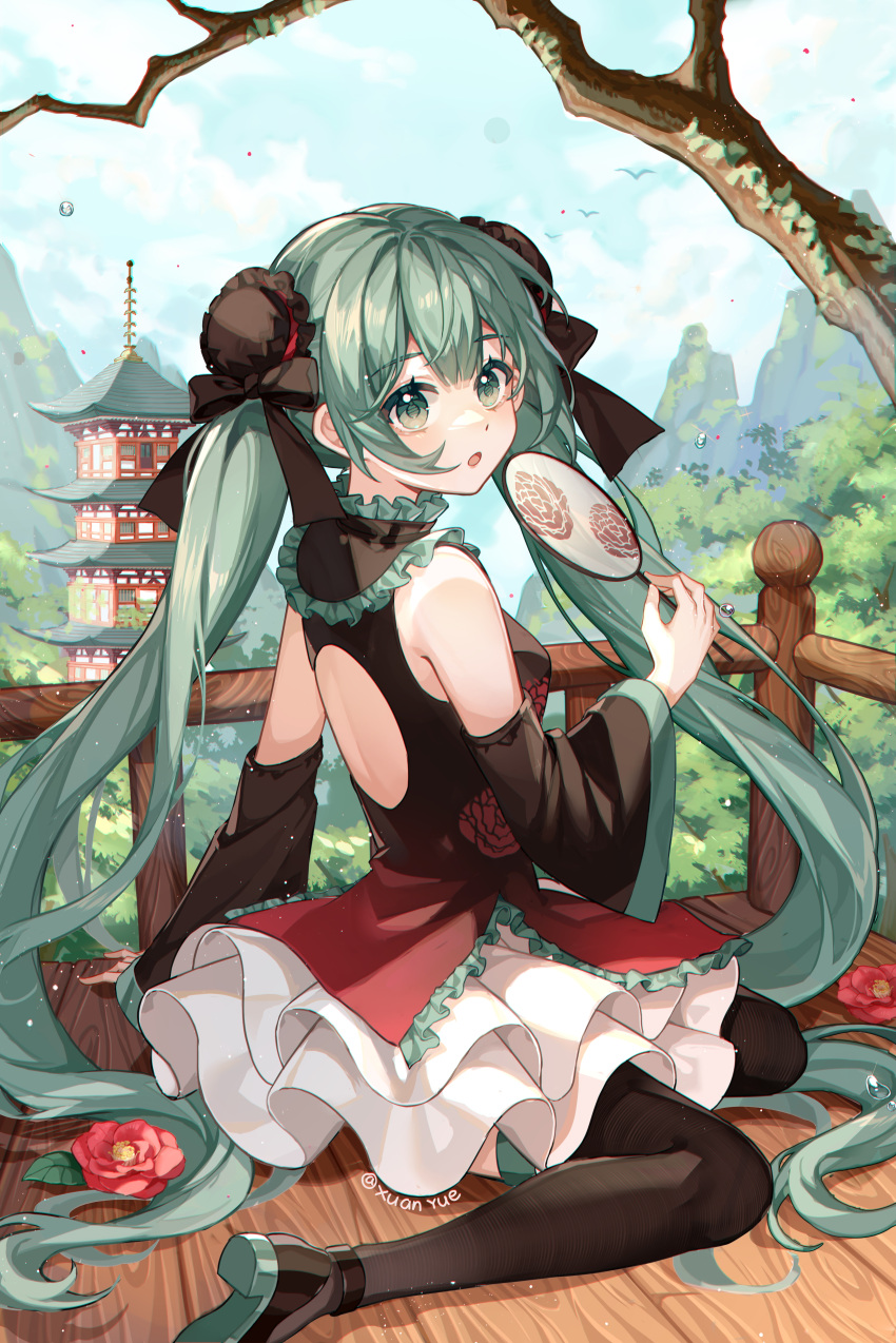 1girl :o absurdres arm_support artist_name backless_dress backless_outfit bird black_bow black_dress black_footwear black_pantyhose black_sleeves blush bow bun_cover chinese_commentary clouds commentary_request day detached_sleeves dress full_body gradient_dress green_eyes green_hair hair_bow hand_fan hatsune_miku highres holding holding_fan long_hair looking_at_viewer looking_to_the_side mountainous_horizon open_mouth pagoda pantyhose paper_fan red_dress shoes sitting sky sleeveless sleeveless_dress solo tree twintails twitter_username uchiwa very_long_hair vocaloid water_drop wide_sleeves xuanli