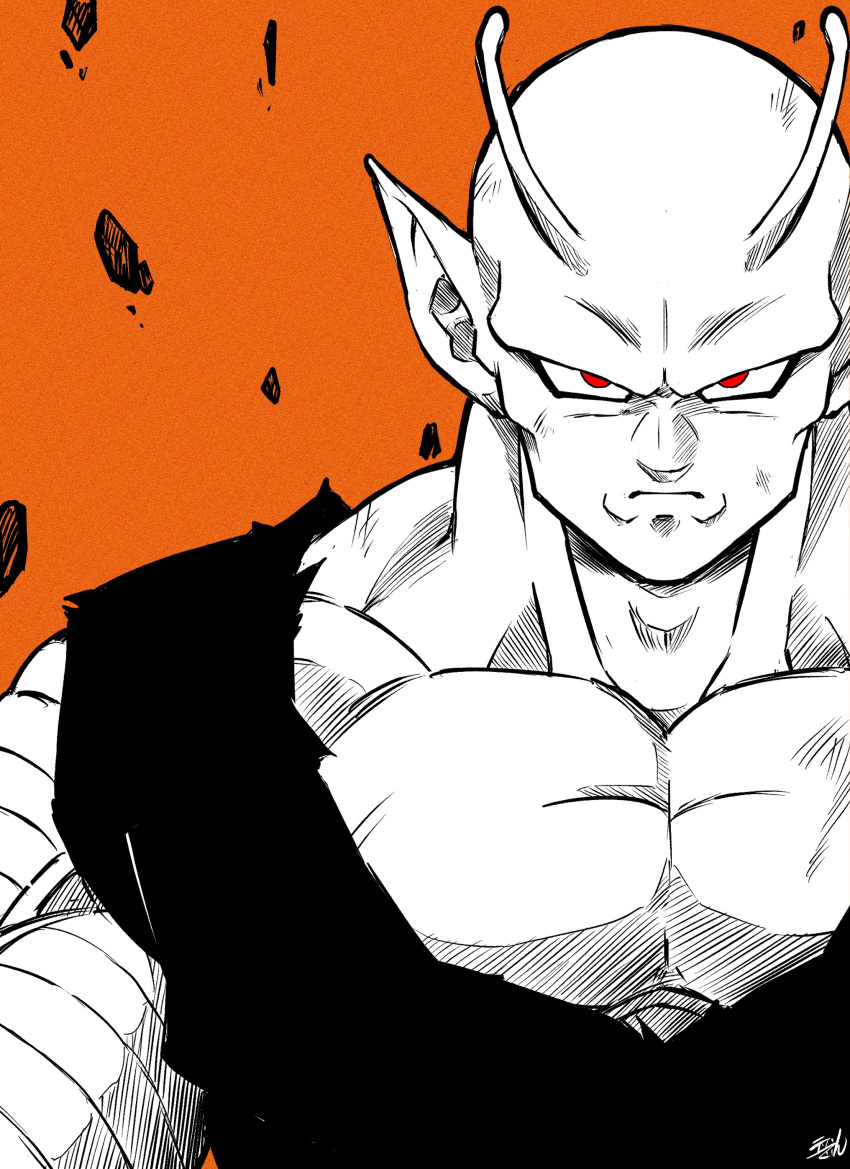 1boy absurdres antennae commentary dragon_ball dragon_ball_super dragon_ball_super_super_hero frown highres large_pectorals liedein male_focus monochrome muscular muscular_male orange_background orange_piccolo pectorals piccolo pointy_ears red_eyes rock solo spot_color upper_body
