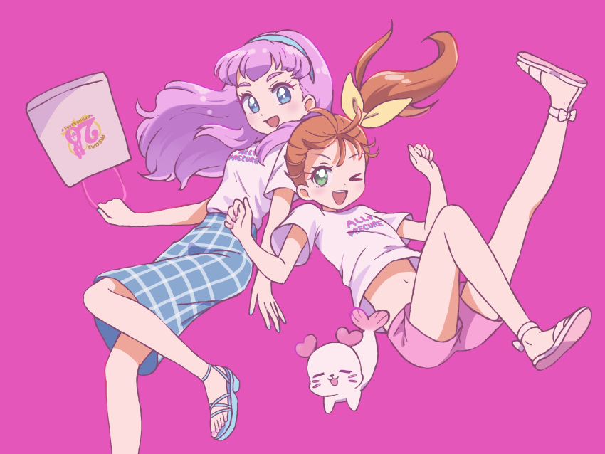 2girls ;d bag blue_eyes blue_headband blue_nails brown_hair commentary_request green_eyes headband highres kururun_(precure) laura_la_mer long_hair midriff mihikure06 multiple_girls natsuumi_manatsu navel one_eye_closed pink_background pink_hair pink_shorts precure sandals shirt shopping_bag short_bangs shorts side_ponytail smile t-shirt tropical-rouge!_precure