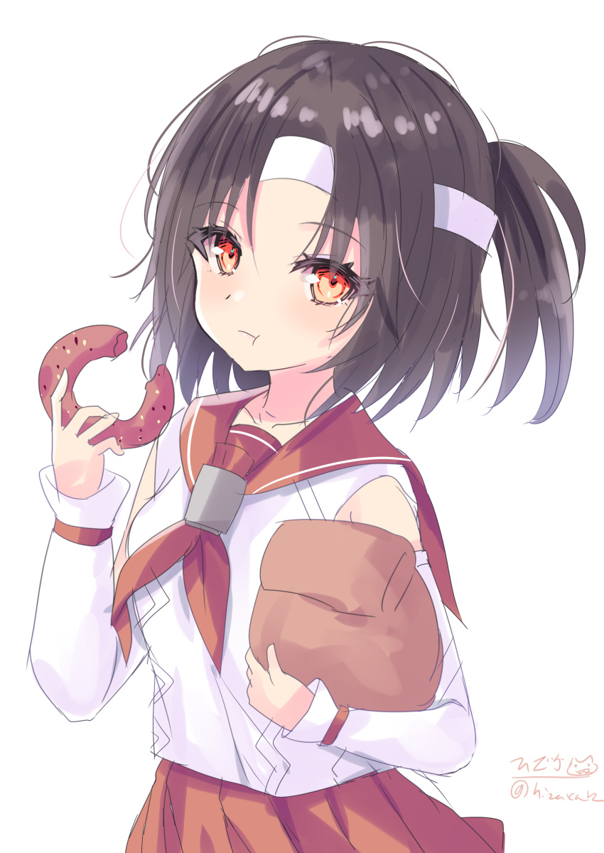 1girl absurdres bag black_hair breasts brown_eyes collarbone detached_sleeves doughnut eating food headband highres hizaka kantai_collection looking_at_viewer nagara_(kancolle) one_side_up paper_bag pleated_skirt red_sailor_collar sailor_collar school_uniform serafuku short_hair signature simple_background skirt small_breasts solo twitter_username upper_body white_background