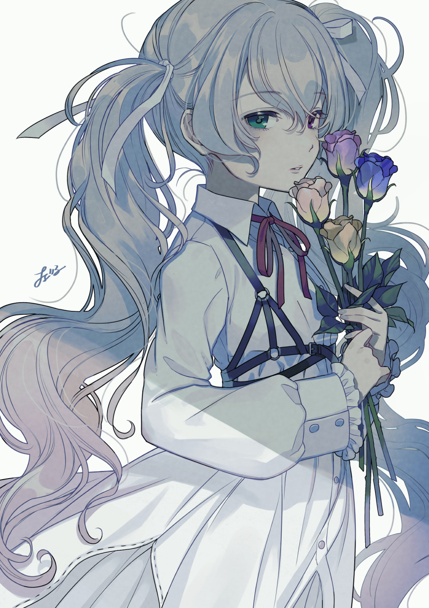 1girl 25-ji_miku 25-ji_night_code_de._(project_sekai) blue_flower blue_rose buttons cherico chest_harness collared_dress commentary_request dress expressionless eyelashes facing_viewer fingernails flat_chest flower frilled_sleeves frills green_eyes grey_hair hair_between_eyes hair_ribbon half-closed_eyes harness hatsune_miku heterochromia highres holding holding_flower leaf long_hair long_sleeves looking_afar neck_ribbon orange_flower orange_rose parted_lips pink_flower pink_rose project_sekai red_ribbon ribbon rose shade sidelocks signature simple_background solo twintails upper_body very_long_hair violet_eyes vocaloid wavy_hair white_background white_dress white_ribbon yellow_flower yellow_rose