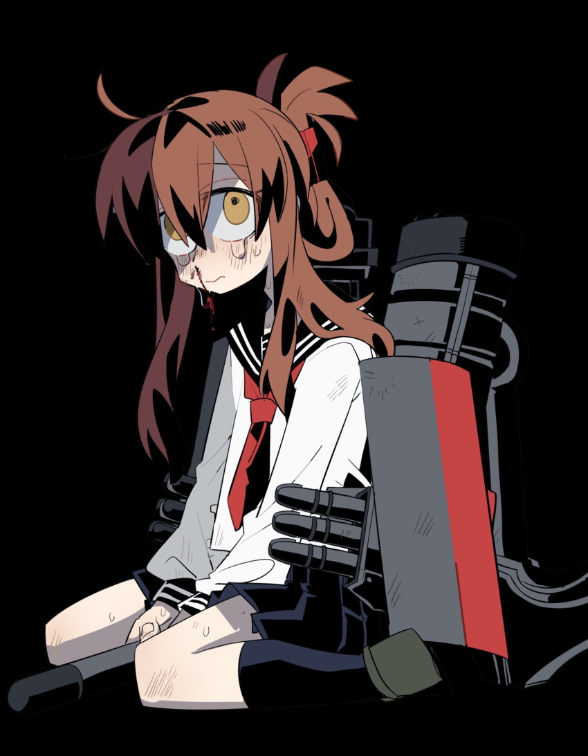 1girl ahoge bangs between_legs black_background black_sailor_collar black_skirt black_socks blood blush brown_hair closed_mouth commentary_request crossed_bangs crying crying_with_eyes_open empty_eyes folded_ponytail from_side hair_between_eyes hair_ornament hairclip hand_between_legs highres holding inazuma_(kancolle) kantai_collection kneehighs long_hair long_sleeves looking_to_the_side machinery neckerchief nosebleed pleated_skirt red_neckerchief sailor_collar school_uniform serafuku sidelocks simple_background sitting skirt socks solo sweat tears torpedo uotsu_(sabakou) upturned_eyes v_arms wariza wavy_mouth white_serafuku yellow_eyes