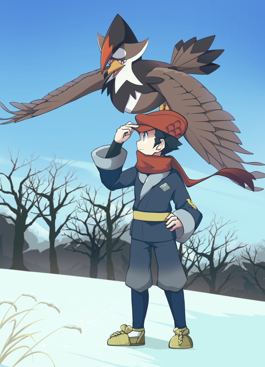 1boy absurdres bare_tree black_hair black_shirt closed_mouth commentary_request day floating_scarf grey_eyes grey_jacket grey_pants hachijuu_suzume hand_on_headwear hand_on_hip hand_up hat highres jacket male_focus outdoors pants pokemon pokemon_(creature) pokemon_(game) pokemon_legends:_arceus red_headwear red_scarf rei_(pokemon) scarf shirt shoes short_hair sky snow standing staraptor tree