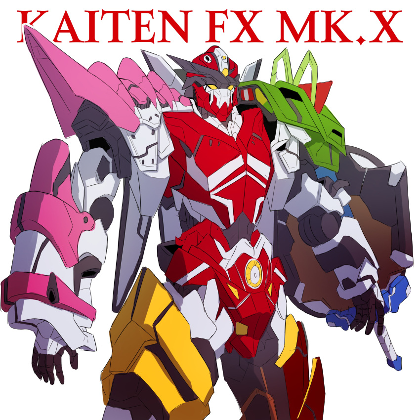 absurdres armor blue_archive character_name commentary_request gauntlets highres kaiten_fx_mk.0_(blue_archive) korean_commentary ldl_(bcw1025) machine mecha no_humans robot shield simple_background solo standing super_robot sword weapon white_background