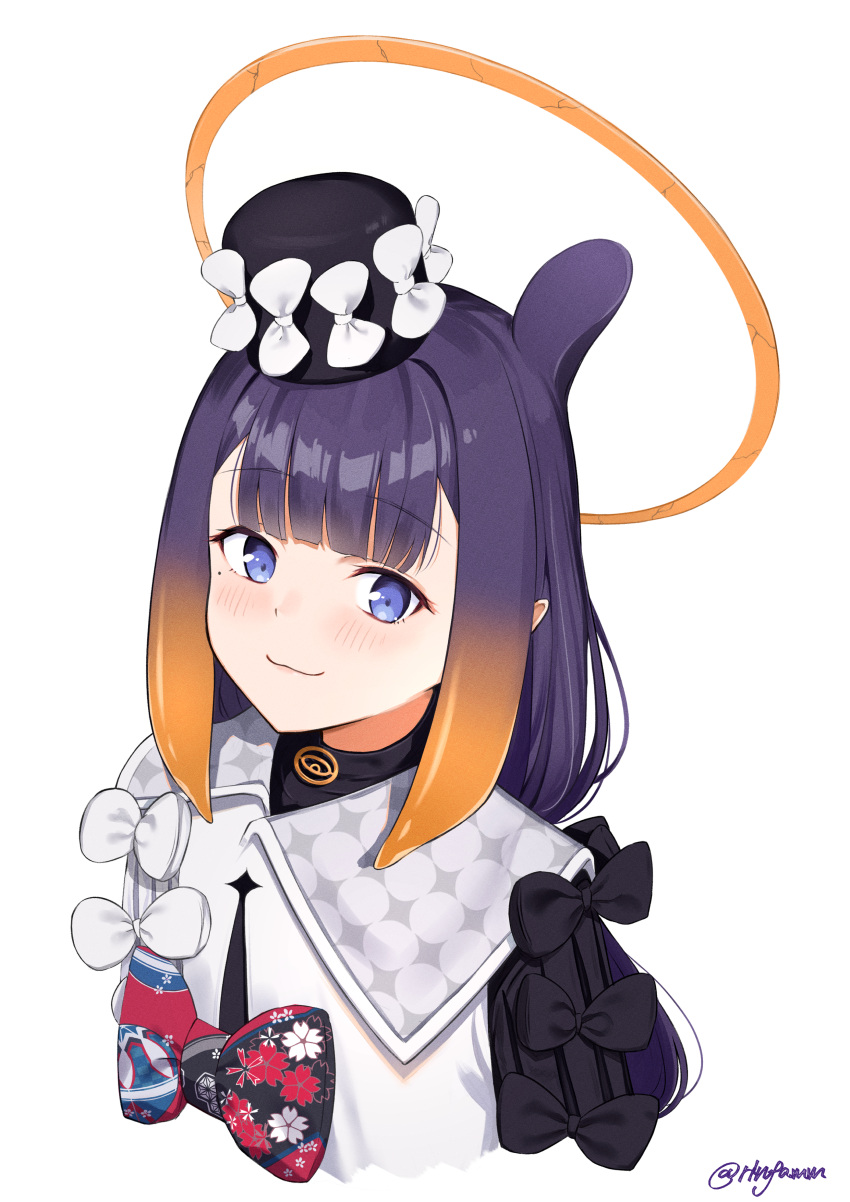 1girl absurdres black_bow bow commentary_request cropped_torso floral_print gradient_hair halo hat highres hololive hololive_english long_hair multicolored_hair ninomae_ina'nis print_bow purple_hair rinfamm simple_background solo twitter_username virtual_youtuber white_background white_bow yellow_eyes