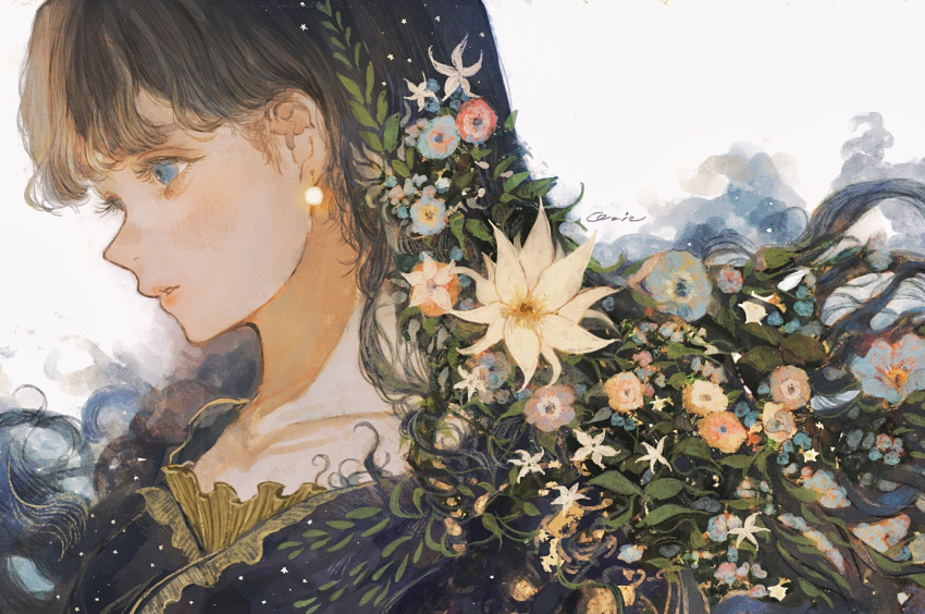 1girl black_hair blue_eyes blue_flower collarbone commentary_request earrings flower flower_request frills from_side hair_flower hair_ornament highres jewelry long_hair open_mouth orie_h original parted_lips signature solo upper_body yellow_flower