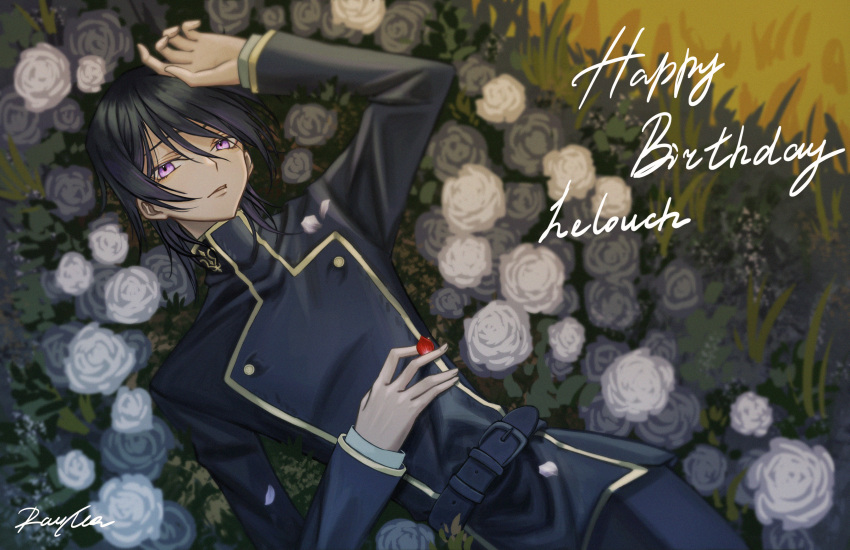 1boy absurdres belt black_belt black_flower black_jacket black_pants character_name code_geass commentary_request flower happy_birthday highres jacket lelouch_lamperouge long_sleeves looking_at_viewer male_focus pants parted_lips rau_ma_(the_rauma001) signature solo teeth violet_eyes white_flower